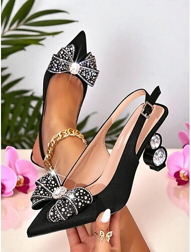  Zapatos negros de tacón medio con tira trasera para mujer, con punta puntiaguda, lazo de diamantes de imitación y tacones de bloque de cristal para fiestas nocturnas. &ropa de club