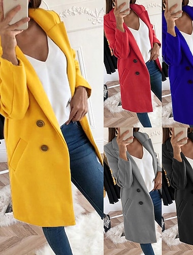 Γυναικεία Χειμερινό παλτό Άνετο Αναπνέει Τσέπη Κουμπιά Καθημερινό Σκέτο Διακοπές Δρόμος Causal Καθημερινά Ρούχα Μονόπετο Μακρύ Απορρίπτω Κανονικό Μακρυμάνικο Εξωτερικά ενδύματα Μαύρο Κίτρινο Ρουμπίνι