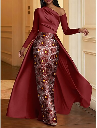  A-Linie Schlauchkleid Bodenlang Perlenbestickt Abendkleid Kleid der Brautmutter Abendkleid Ballkleid mit Überrock Festliche Kleidung Elegant Glitzernd Promi-Stil Langarm Ein-Schulter Gartenparty