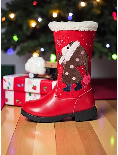 Botas de Natal vermelhas para crianças com desenho de boneco de neve e punhos de pele - estilo festivo de férias, perfeitas para festas de Natal e diversão de inverno   Botas de Natal vermelhas para crianças com desenho de boneco de neve e punhos de pele - estilo festivo de férias, perfeitas para festas de Natal e diversão de inverno
