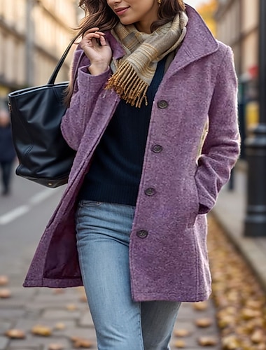  Damen Mantel Warm Bequem Tasche Knöpfe Vintage Lässig Einfach Urlaub Straße Lässig Alltagskleidung Lang Umlegekragen Normale Passform Langarm Oberbekleidung Schwarz Purpur Grün Herbst Winter