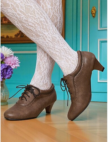  Bruine veterschoenen met lage blokhak en brogue-details voor dames, Edwardiaanse stijl schoenen uit de jaren 50 voor cosplay en retrofeestjes &dagelijkse mode-outfits