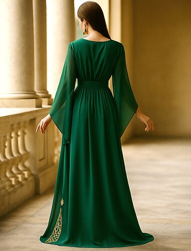  Corte A Hasta el Suelo Vestido formal Vestido de noche Manga Larga Escote en Pico Elegante Vintage Fiesta Gasa Poliéster Vestido de Madrina con Plisado Bordados