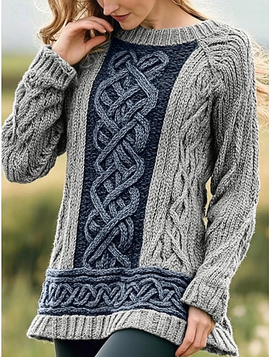  女性用 ニット ヴィンテージ エスニック カジュアル ピュアカラー ケーブル クルーネック ニット 長袖 レギュラートップス ニット アウトドア 日常 週末 ブルー ホワイト 秋 冬