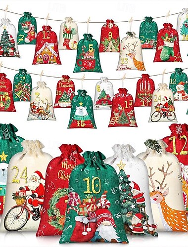  24 dages juleadventskalenderposer sæt med nummererede 1-24 - klassisk rød &Gyldne hængende snøreposer, tegneseriedesign, kan hænges op eller placeres, gør-det-selv juletræspynt, traditionel gavepose