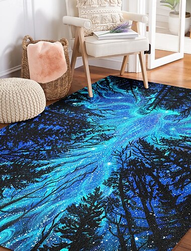  Galaxie Wald Phoenix Teppich für Wohnzimmer und Schlafzimmer Faux Cashmere blauer sternenbedeckter Himmel und Bäume kosmische Nachtkunst weich rutschfest maschinenwaschbar Teppich Spirit of the