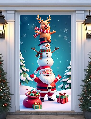 Rideau de porte de Noël avec Père Noël, bonhomme de neige et renne, 2025 Noël drôle 3D vacances rideau de porte pour porte d'entrée décoration extérieure, hiver Noël fête porche décor bannière   Rideau de porte de Noël avec Père Noël, bonhomme de neige et renne, 2025 Noël drôle 3D vacances rideau de porte pour porte d'entrée décoration extérieure, hiver Noël fête porche décor bannière