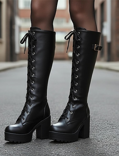 cizme negre de damă, cu șireturi, până la genunchi, cu toc gros și detaliu cu cataramă – stil gotic sau punk pentru toamnă și iarnă   cizme negre de damă, cu șireturi, până la genunchi, cu toc gros și detaliu cu cataramă – stil gotic sau punk pentru toamnă și iarnă