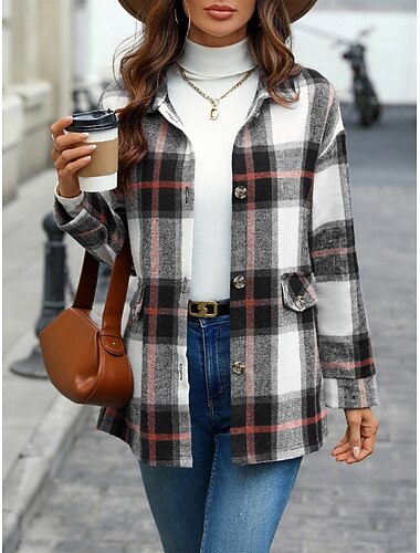  Damen Freizeitjacke Bequem Atmungsaktiv Tasche Knöpfe Druck Lässig Karomuster Urlaub Straße Lässig Alltagskleidung Einreihig Regulär Umlegekragen Normale Passform Langarm Oberbekleidung Schwarz Gelb