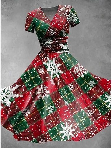  クリスマス女性用スノーフレークミディドレスAラインドレスフィットアンドフレアドレスパーティーカジュアルデイリーホリデーレギュラーフィットグラフィックチェックショートスリーブVネック黒白赤緑秋冬