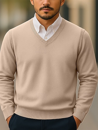  Herren Pullover Gerippt Stricken Normale Oberteile Gestrickt Schmale Passform Einfach V Ausschnitt Strickware Zeitgenössisch Lässig Alltagskleidung Bekleidung Herbst Kamel Schwarz S M L