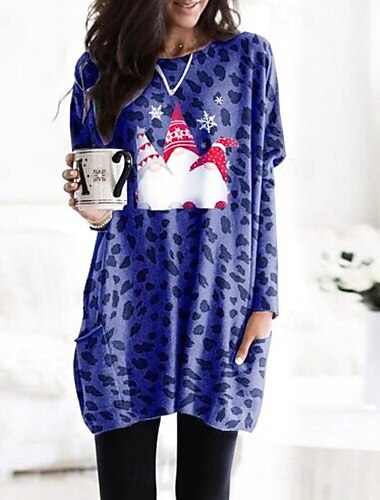  Julekvinne Santa Claus Snøfnugg T-skjorte Grafisk Vintage Motetrend Stilfull Langermet Crew Neck Rund Hals Lange Topper Daglig Utgående Helg Lomme Print Rød Blå Grønn Khaki Grå Høst Vinter