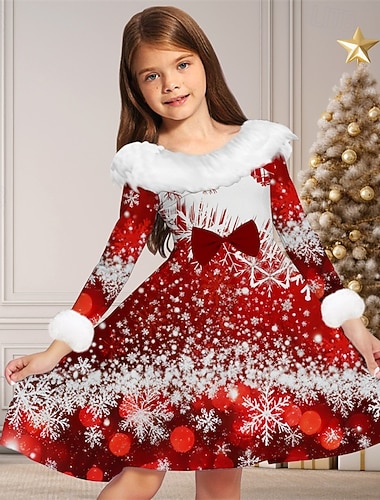  Χριστούγεννα Κορίτσια » 3D Χιονονιφάδα Φόρεμα Μακρυμάνικο Άνοιξη Φθινόπωρο Διακοπές Καθημερινά Αργίες Πανεμορφη Γλυκός Παιδιά 4-12 χρόνια Φόρεμα για πάρτυ Φόρεμα σε γραμμή Α Ως το Γόνατο Κανονικό
