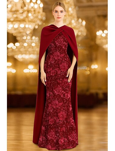 Ligne A Longueur au sol Robe de bal avec cape Robe de Soirée Tenue de soirée Élégant ancien Robe Noire Sans manches Col haut Formel Mariage Capes Dentelle Crêpe Extensible avec Broderie Châle