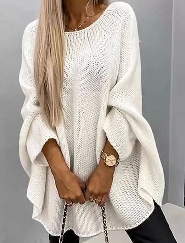  Damen Pullover Schultertuch Elegant Mode Streetwear Einfarbig Gerippt Rundhalsausschnitt Gestrickt Langarm Lange Oberteile Stricken Schule Outdoor Heim Weiß Rosa Frühling Herbst