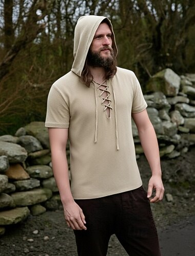  middeleeuws viking t-shirt katoen korte mouw hooded shirts heren retro stijl veters hippie bijpassende larp kostuum