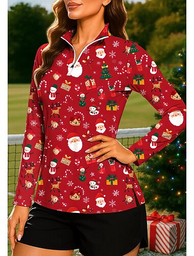  חג המולד בגדי ריקוד נשים סנטה קלאוס עץ חג המולד סווטשירט פולו חולצות חולצה חולצת ספורט שרוול ארוך דפוס רבע מיקוד Pullover UPF50+ עמידות UV הגנת UV אלסטי נושם כדור עף טניס גולף עומד צווארון רוכסן