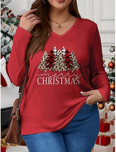 تي شيرت نسائي مقاس كبير مطبوع عليه شجرة عيد الميلاد بأكمام طويلة ورقبة على شكل حرف V كاجوال يومي من البوليستر خريف وشتاء أحمر وأزرق   تي شيرت نسائي مقاس كبير مطبوع عليه شجرة عيد الميلاد بأكمام طويلة ورقبة على شكل حرف V كاجوال يومي من البوليستر خريف وشتاء أحمر وأزرق