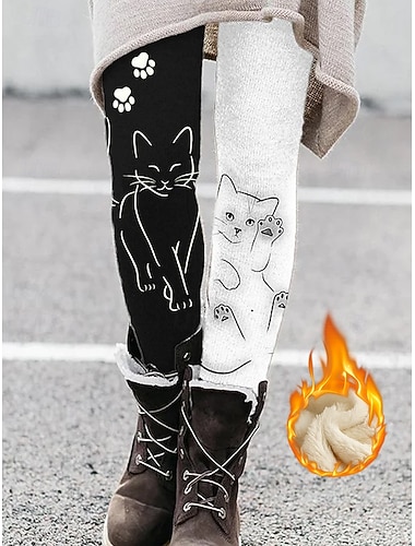  Dame fleeceforede leggings Fleecebukser Leggings Ferie Årgang Etnisk stil Full lengde Høy Midje Grafisk Katt Hold Varm comfy Bekvem Elastisk Avslappet Daglig utendørs Svart Hvit Høst Vinter Slank