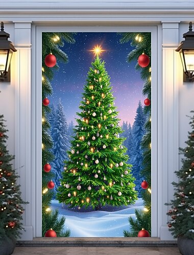 Couverture de porte de Noël avec arbre de Noël illuminé, rideau de porte de vacances de scène de forêt d'hiver pour la décoration extérieure de porte d'entrée, bannière de porche de Noël 2025 pour la   Couverture de porte de Noël avec arbre de Noël illuminé, rideau de porte de vacances de scène de forêt d'hiver pour la décoration extérieure de porte d'entrée, bannière de porche de Noël 2025 pour la