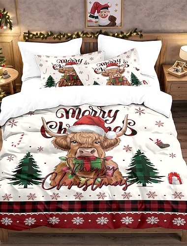 Jultryckt höglandskon-dunpåslakanset i 3 delar, bekväma sängkläder för hotell eller sovrum, inkluderar 1 påslakan + 2 örngott, queen size-säng, mjuk kort fleece   Jultryckt höglandskon-dunpåslakanset i 3 delar, bekväma sängkläder för hotell eller sovrum, inkluderar 1 påslakan + 2 örngott, queen size-säng, mjuk kort fleece