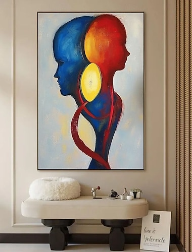  håndmalt originalt oljemaleri av parelskere på lerret stort oljemaleri veggkunst abstrakt maleri blått rødt maleri spesiallaget maleri stue veggdekor