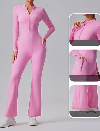  Mulheres Macacão de treino Macacão de uma peça Zip Up Côr Sólida Body Primavera Outono Preto Branco Academia Exercite-se Corrida Compressão abdominal Manga Longa Esporte Roupas Esportivas Ajuste justo