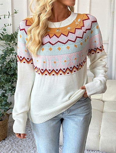  Dámské Vánoční svetr Fair Isle svetr Svetr Rolák Elegantní Vinobraní Módní Geometrický Tričkový Pletený Tisk Dlouhý rukáv Běžné topy Plést Venkovní Denní Dovolená Bílá Podzim Zima