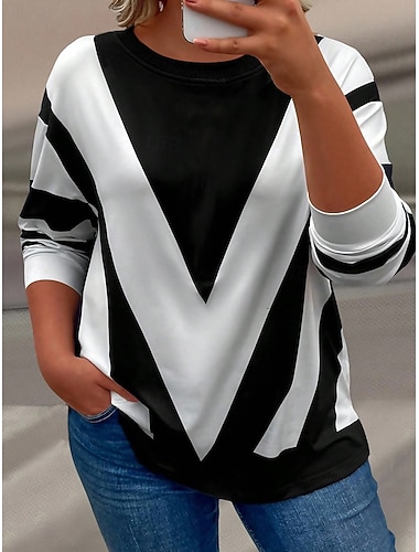  Damen Übergröße Oberteile Pullover Sweatshirt Farbblock Druck Langarm Rundhalsausschnitt Lässig Täglich Polyester Herbst Winter Schwarz Braun
