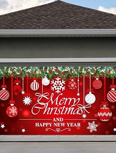  Osłona na drzwi garażowe na Boże Narodzenie, wesołych świąt, czerwona dekoracja świąteczna z ozdobami świątecznymi, duże wiszące tło, baner ścienny na zewnątrz, dekoracja na przyjęcie w domu, sezonowy
