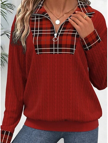  Dámské Halenka Geometrický Pléd stylové Na běžné nošení Dlouhý rukáv Do V Běžné topy Denní Zip Tisk Rubínově červená Vodní modrá Béžová Šedá Jaro Podzim Zima