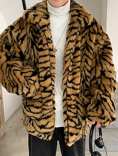  בגדי ריקוד גברים ז'קטים לחורף מעיל פרווה חופשה יומי שמור על חום הגוף פליז סתיו חורף נמר אופנתי סגנון רחוב עומד רגיל לבן צהוב Jackets