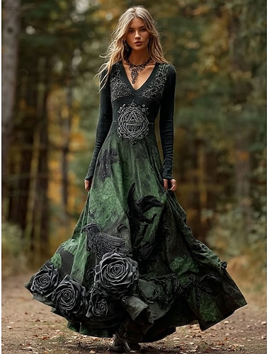  Damen Maxi-Kleid A-Linie Kleid Plisseekleid Fit und Flare Kleid Boho Date Regelmäßige Passform Blumengrafik Langarm V-Ausschnitt Grün Frühling Herbst Winter