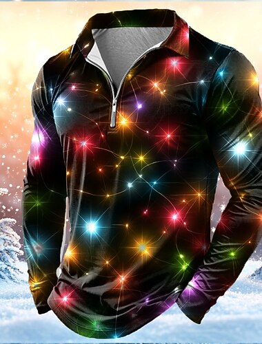  Kerstmis Voor heren Lantaarns Poloshirts met rits Lange mouw Poloshirt Revers Casual Buiten Festivaloutfit 3D-afdrukken Lente Herfst Winter Zwart 1 Zwart 2 Zwart
