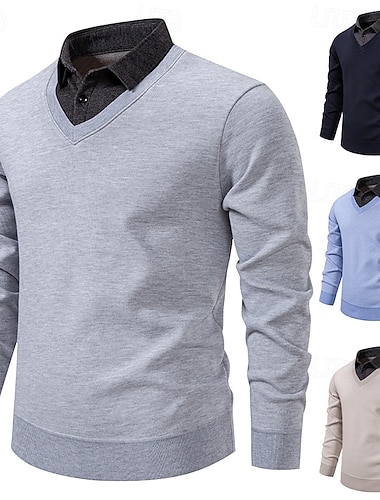  Herren Pullover Gerippt Stricken Normale Oberteile 2 in 1 Gestrickt Einfach Umlegekragen Strickware Zeitgenössisch Lässig Alltagskleidung Bekleidung Frühling Herbst Schwarz Marineblau M L XL