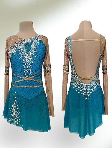  Šaty na bruslení Dámské Dívčí Buz Pateni Šaty Nebeská modř Slátanina Otevřít Zpět Spandex Síťka Vysoká pružnost Trénink Soutěž Bruslařské oblečení Klasický Křišťál a napodobenina Dlouhý rukáv