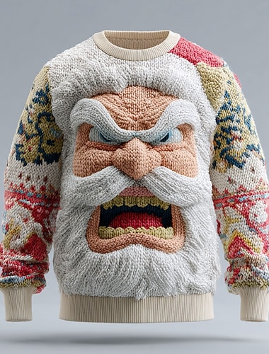  Stygg julegenser Herre julenissen 3D-utskrift 3D-tegneseriefigur Pullover genser Strikketøy Crewneck Fritid Feriereise Daglig Festival 3D-utskrift Hold Varm Langermet Vår Høst Vinter Hvit Blå Grønn