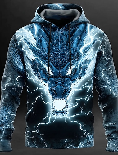  Miesten Lohikäärme 3D-tulostus Huppari College 3D Fantasia Pitkähihainen Tiukka pyöreä kaula-aukko Lahja Klubi Katuvaatteet Sininen Purppura Ruskea Apila Kurenauha Syksy Talvi Suunnittelija S M L XL