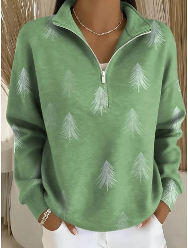  クリスマス レディース クリスマスツリー プルオーバー スウェットシャツ カジュアル ロングスリーブ ハーフジップ レギュラートップス デイリーウェア カジュアル ホワイト ブルー グリーン ベージュ 秋 冬