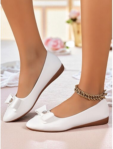  ballerine da donna in similpelle bianca con fiocco &accento di strass - eleganti scarpe da sposa slip-on con punta tonda per spose e damigelle &eventi formali