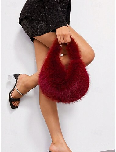  Dame skulderveske i fuskepels, mykt plysjmateriale, elegant hobo-stil for julefester, tilgjengelig i flere farger