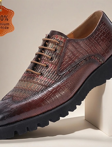Bruine heren veterschoenen van echt leer met krokodillenpatroon – trendy en duurzaam voor semi-formele en casual gelegenheden   Bruine heren veterschoenen van echt leer met krokodillenpatroon – trendy en duurzaam voor semi-formele en casual gelegenheden