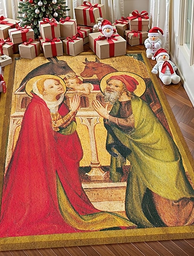  Krippe Weihnachts Teppich für Wohnzimmer und Schlafzimmer Faux Kaschmir Jesus Geburts Teppich mit Maria Josef und Baby Jesus religiöse Weihnachtskunst weich rutschfest maschinenwaschbar Teppich,