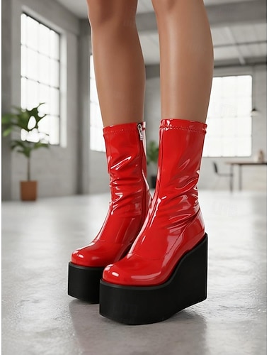  Botas femininas go-go plataforma de verniz vermelho dos anos 80 – botas de cano curto retrô brilhantes para festas, shows e fantasias de Halloween