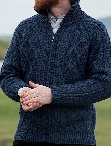  בגדי ריקוד גברים סוודר סוודר קרדיגן כבל לִסְרוֹג חולצות רגילות כפתור למעלה סרוג אחיד דש שאל חופשה אופנתי קזו'אל לבוש יומיומי ביגוד אביב סתיו כחול נייבי S M L