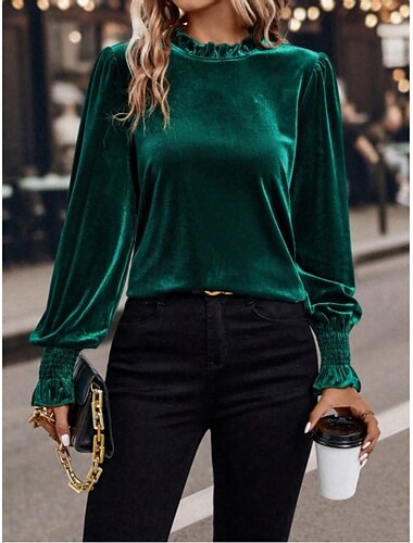  Blusa de Veludo para Mulheres - Natal - Cor Sólida - Estilo Casual - Manga Longa - Gola Alta - Tops Regulares - Estampa Diário - Babados - Verde Exército - Azul - Fúcsia - Verde - Primavera - Outono