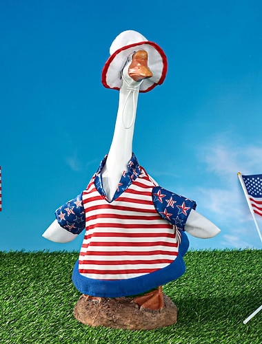  2 stk. patriotiske verandagåseantrekk sementgåskostyme 4. juli-stil gåsantrekk inkludert sløyfe og hatt til hagedekorasjon fest uteplass julegave
