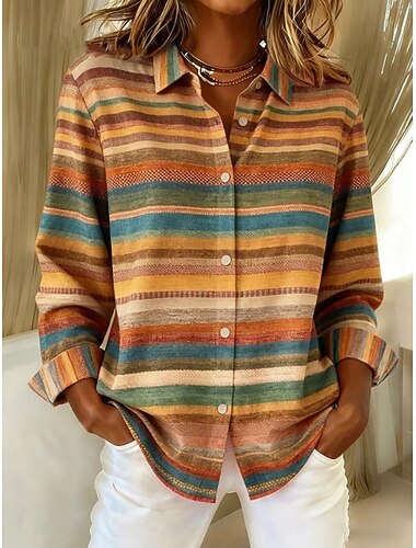  Dame Skjorte Bluse Ruter Fritid Langermet Skjortekrage Vanlige topper Daglig Lapper Knapper Trykt mønster Blå Gul Vin Oransje Grønn Høst Vinter