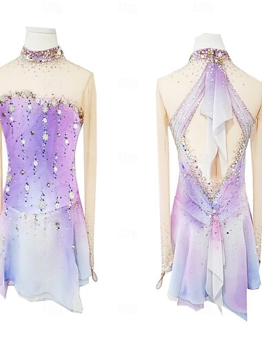  フィギュアスケート ドレス 女性用 女の子 アイススケート ドレス パープル 指穴付き ハロ染色 高弾性 プロフェッショナル 競技大会 スケートウェア 保温 クリスタル・ラインストーン 長袖 アイススケート フィギュアスケート