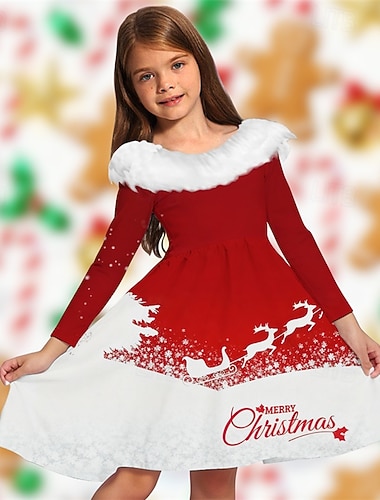  Χριστούγεννα Κορίτσια » 3D Γραφική Ελάφι Φόρεμα Μακρυμάνικο Άνοιξη Φθινόπωρο Διακοπές Καθημερινά Αργίες Πανεμορφη Γλυκός Παιδιά 4-12 χρόνια Φόρεμα για πάρτυ Φόρεμα σε γραμμή Α Ως το Γόνατο Κανονικό